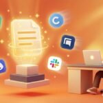 Illustration of a cheerful solopreneur surrounded by glowing AI and productivity app icons, with a central digital document, symbolizing top AI trends and innovative tools for bloggers in 2026."