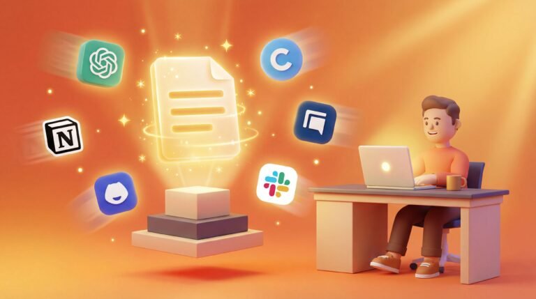 Illustration of a cheerful solopreneur surrounded by glowing AI and productivity app icons, with a central digital document, symbolizing top AI trends and innovative tools for bloggers in 2026."